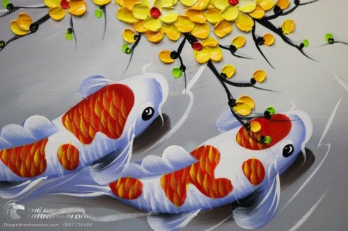 Tranh Sơn Dầu Cửu Ngư và Hoa Mai Trát Bay Vẽ Tay 100%