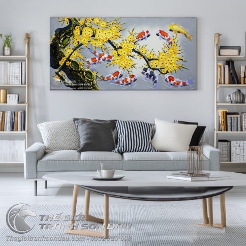 Tranh Sơn Dầu Cửu Ngư và Hoa Mai Trát Bay Vẽ Tay 100%