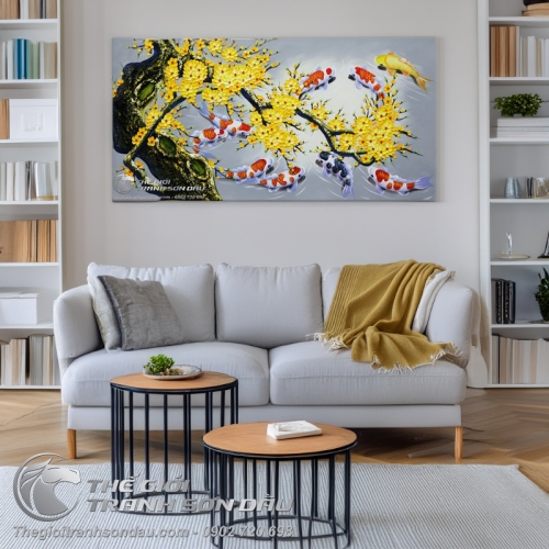 Tranh Sơn Dầu Cửu Ngư và Hoa Mai Trát Bay Vẽ Tay 100%