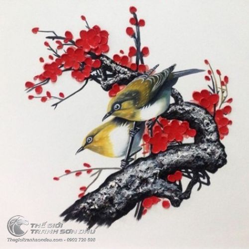 Tranh Sơn Dầu Đôi Chim và Cây Hoa Đắp Nổi