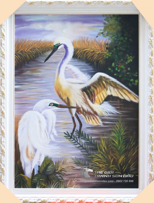 Tranh Sơn Dầu Đôi Cò Đang Đi Kiếm Ăn