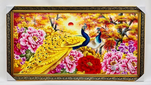 Tranh Sơn Dầu Đôi Công Bên Hoa Mẫu Đơn Đẹp Giá Rẻ