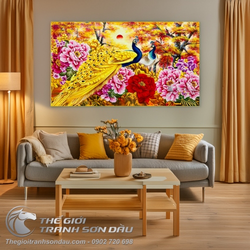 Tranh Sơn Dầu Đôi Công Bên Hoa Mẫu Đơn Đẹp Giá Rẻ