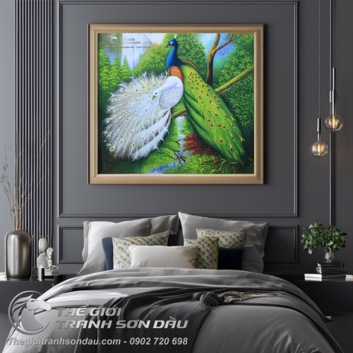 Tranh Sơn Dầu Đôi Công Uyên Ương Treo Phòng Ngủ
