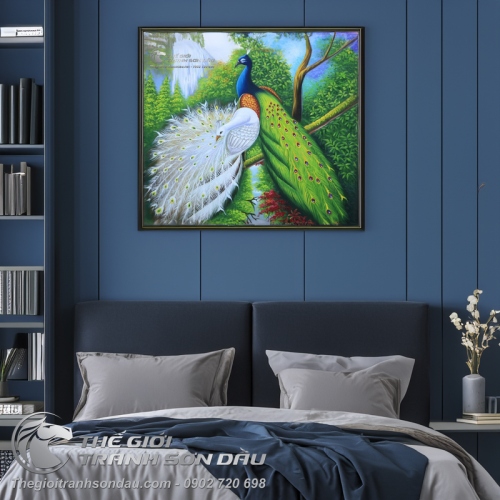 Tranh Sơn Dầu Đôi Công Uyên Ương Treo Phòng Ngủ