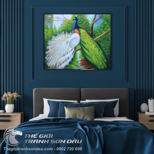 Tranh Sơn Dầu Đôi Công Uyên Ương Treo Phòng Ngủ