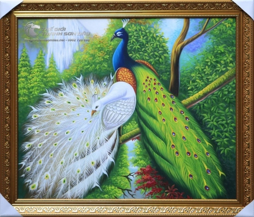 Tranh Sơn Dầu Đôi Công Uyên Ương Treo Phòng Ngủ