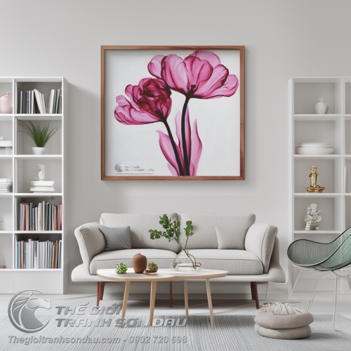 Tranh Sơn Dầu Hai Bông Hoa Hiện Đại Màu Hồng