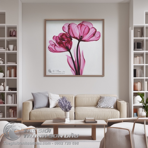 Tranh Sơn Dầu Hai Bông Hoa Hiện Đại Màu Hồng