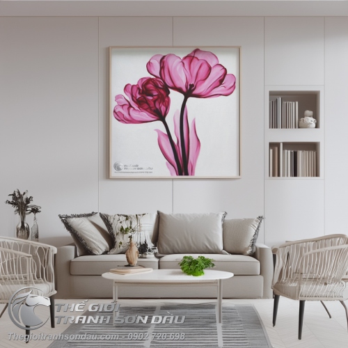 Tranh Sơn Dầu Hai Bông Hoa Hiện Đại Màu Hồng