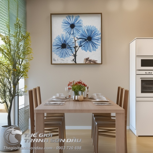 Tranh Sơn Dầu Hoa Cúc Hiện Đại Màu Xanh