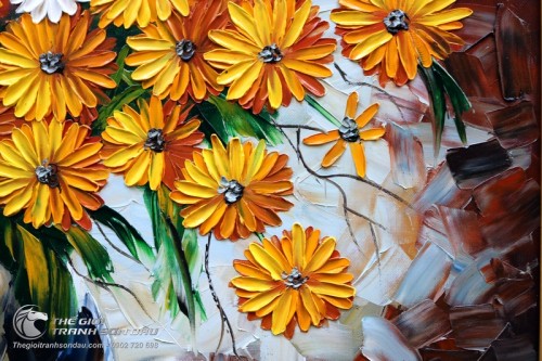 Tranh Sơn Dầu Hoa Cúc Vàng Dày Màu
