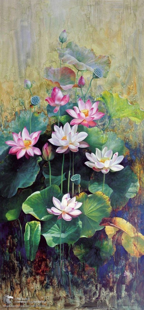 Tranh Sơn Dầu Hoa Sen Khổ Dọc