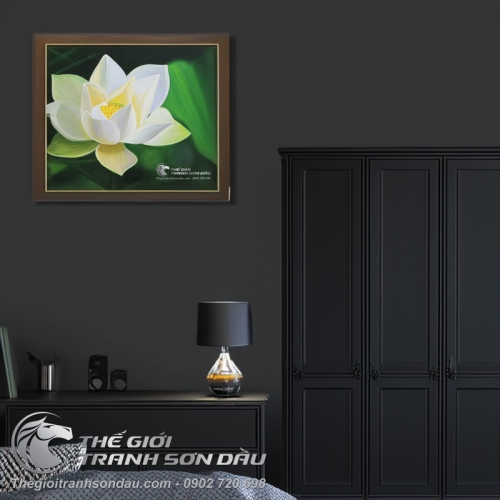 Tranh Sơn Dầu Hoa Sen Trắng Tả Thực