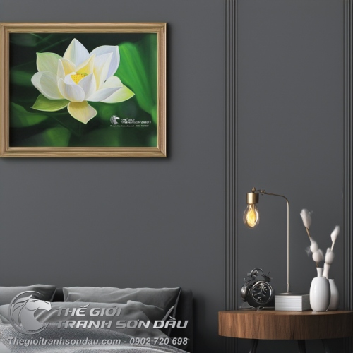 Tranh Sơn Dầu Hoa Sen Trắng Tả Thực