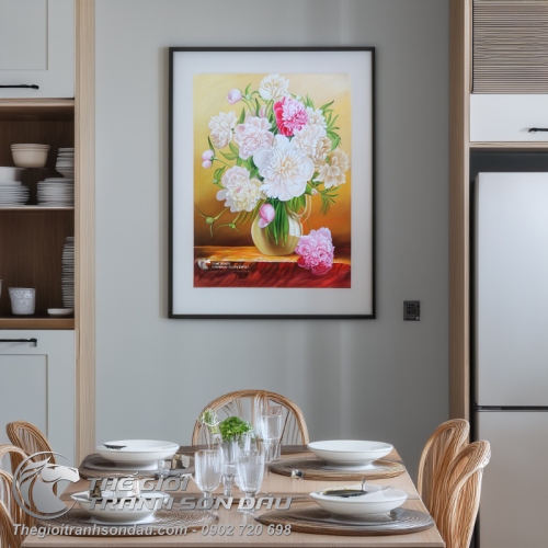 Tranh Sơn Dầu Lọ Hoa Mẫu Đơn Tả Thực