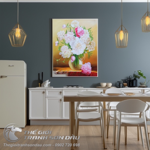 Tranh Sơn Dầu Lọ Hoa Mẫu Đơn Tả Thực