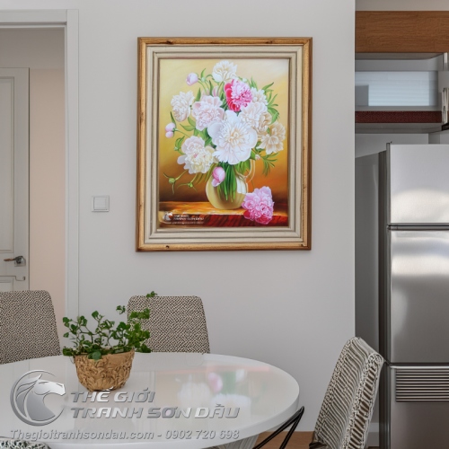 Tranh Sơn Dầu Lọ Hoa Mẫu Đơn Tả Thực