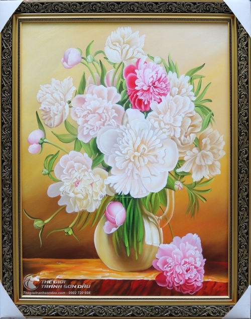Tranh Sơn Dầu Lọ Hoa Mẫu Đơn Tả Thực
