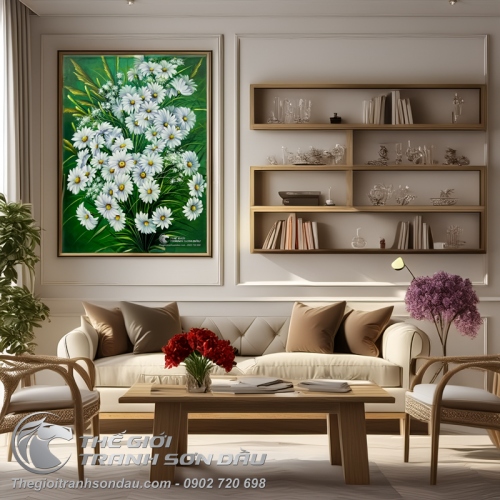 Tranh Sơn Dầu Nghệ Thuật Hoa Cúc Trắng Nở Tươi Màu