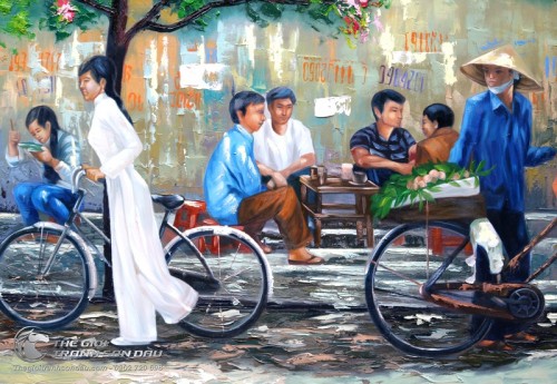 Tranh Sơn Dầu Nghệ Thuật Nữ Sinh Dắt Xe Đạp
