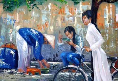 Tranh Sơn Dầu Nghệ Thuật Nữ Sinh Dắt Xe Đạp