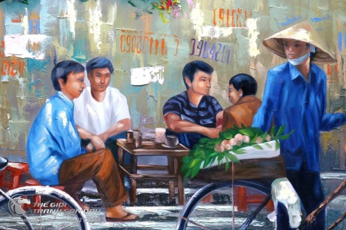 Tranh Sơn Dầu Nghệ Thuật Nữ Sinh Dắt Xe Đạp