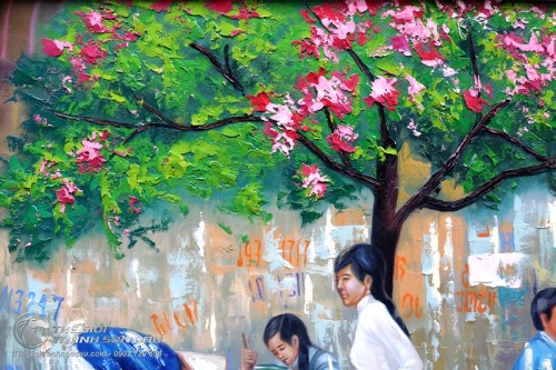 Tranh Sơn Dầu Nghệ Thuật Nữ Sinh Dắt Xe Đạp