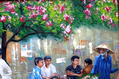 Tranh Sơn Dầu Nghệ Thuật Nữ Sinh Dắt Xe Đạp