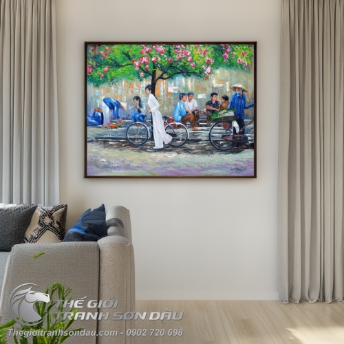 Tranh Sơn Dầu Nghệ Thuật Nữ Sinh Dắt Xe Đạp