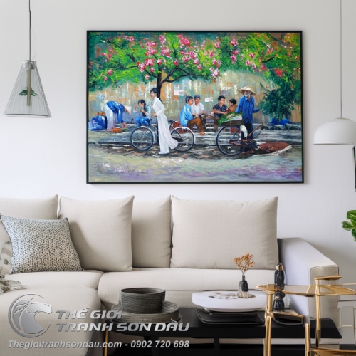 Tranh Sơn Dầu Nghệ Thuật Nữ Sinh Dắt Xe Đạp
