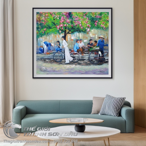Tranh Sơn Dầu Nghệ Thuật Nữ Sinh Dắt Xe Đạp