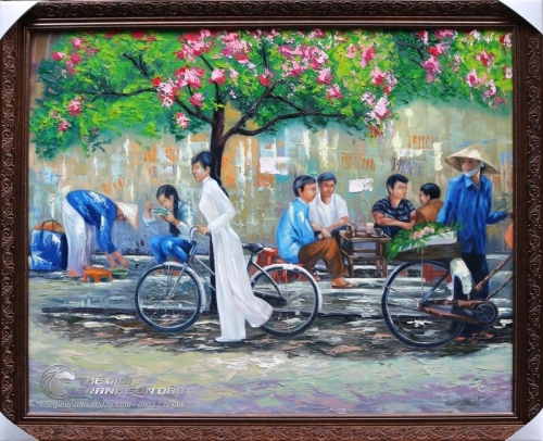 Tranh Sơn Dầu Nghệ Thuật Nữ Sinh Dắt Xe Đạp