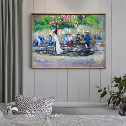 Tranh Sơn Dầu Nghệ Thuật Nữ Sinh Dắt Xe Đạp