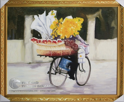 Tranh Sơn Dầu Người Bán Hoa Đi Xe Đạp