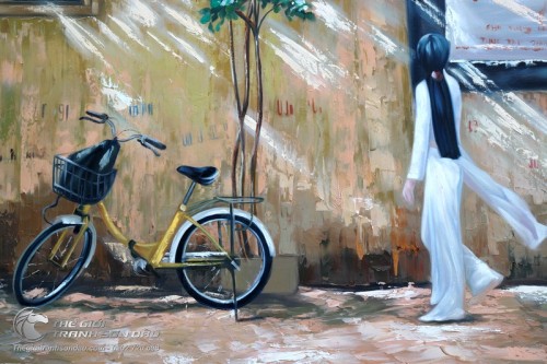 Tranh Sơn Dầu Nữ Sinh Áo Dài Trắng Thướt Tha Đẹp Giá Rẻ