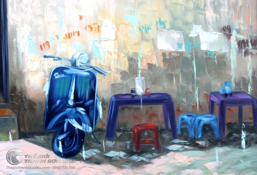Tranh Sơn Dầu Nữ Sinh Áo Dài và Xe Vespa