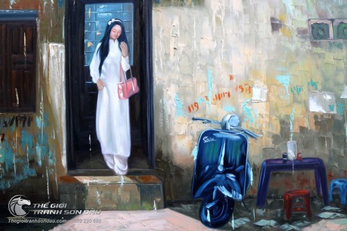 Tranh Sơn Dầu Nữ Sinh Áo Dài và Xe Vespa