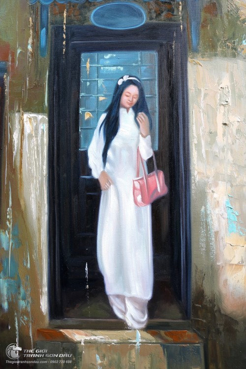 Tranh Sơn Dầu Nữ Sinh Áo Dài và Xe Vespa