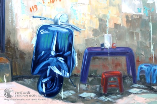 Tranh Sơn Dầu Nữ Sinh Áo Dài và Xe Vespa