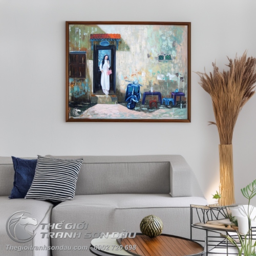 Tranh Sơn Dầu Nữ Sinh Áo Dài và Xe Vespa