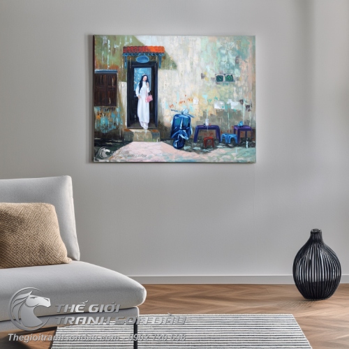 Tranh Sơn Dầu Nữ Sinh Áo Dài và Xe Vespa