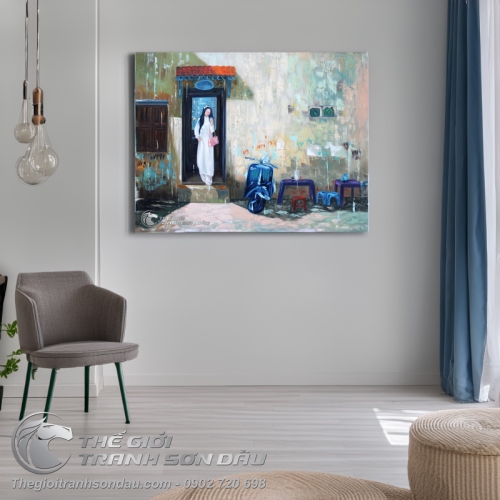 Tranh Sơn Dầu Nữ Sinh Áo Dài và Xe Vespa