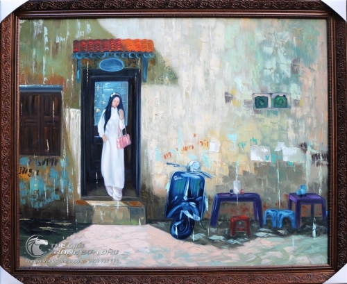 Tranh Sơn Dầu Nữ Sinh Áo Dài và Xe Vespa