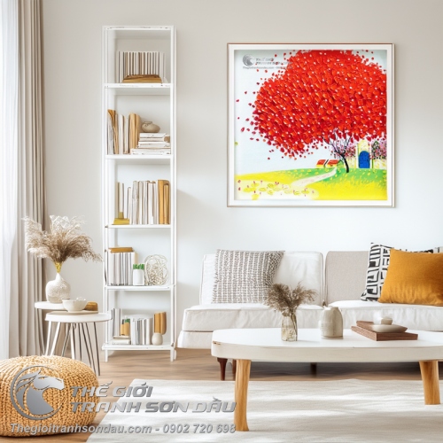 Tranh Sơn Dầu Phố Cây Màu Đỏ