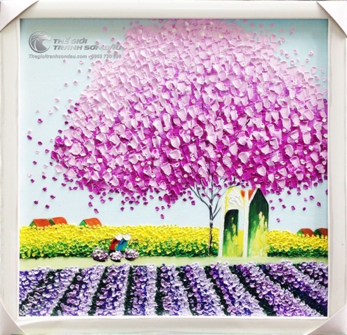 Tranh Sơn Dầu Phố Cây Màu Hồng Đẹp