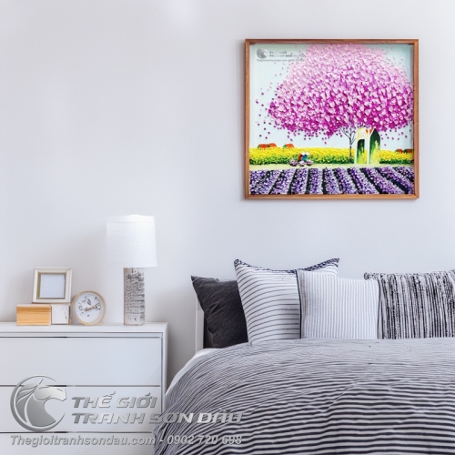 Tranh Sơn Dầu Phố Cây Màu Hồng Đẹp