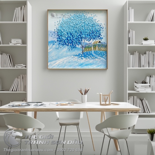 Tranh Sơn Dầu Phố Cây Màu Xanh Trời