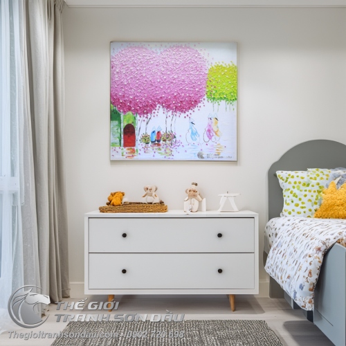 Tranh Sơn Dầu Phố Hiện Đại Cây Lá Hồng