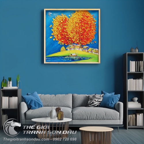 Tranh Sơn Dầu Phong Cảnh Cây Đắp Nổi Màu Cam